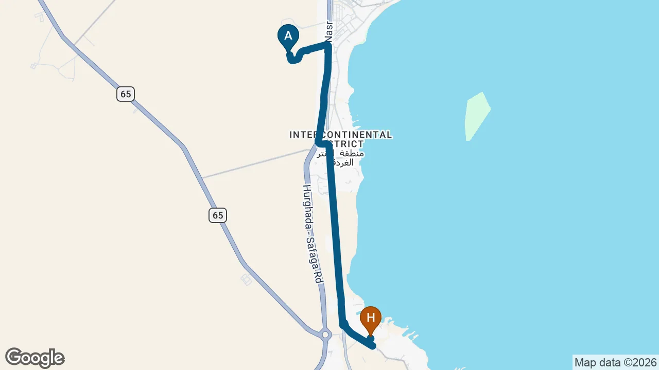 Driving route from Hurghada Airport to Desert Rose Resort